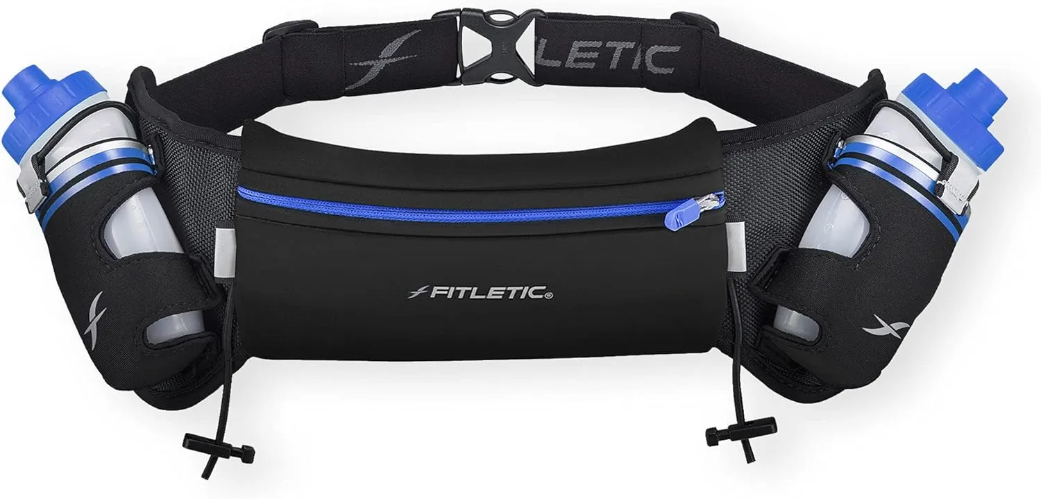 Fitletic Hydration Running Belt with Water Bottles for Men & Women – 2 Quick Flow 8oz Running Water Bottles, Patented Bounce Free Design, Water Resistant Pouch Fits All Phones – Hydra 16