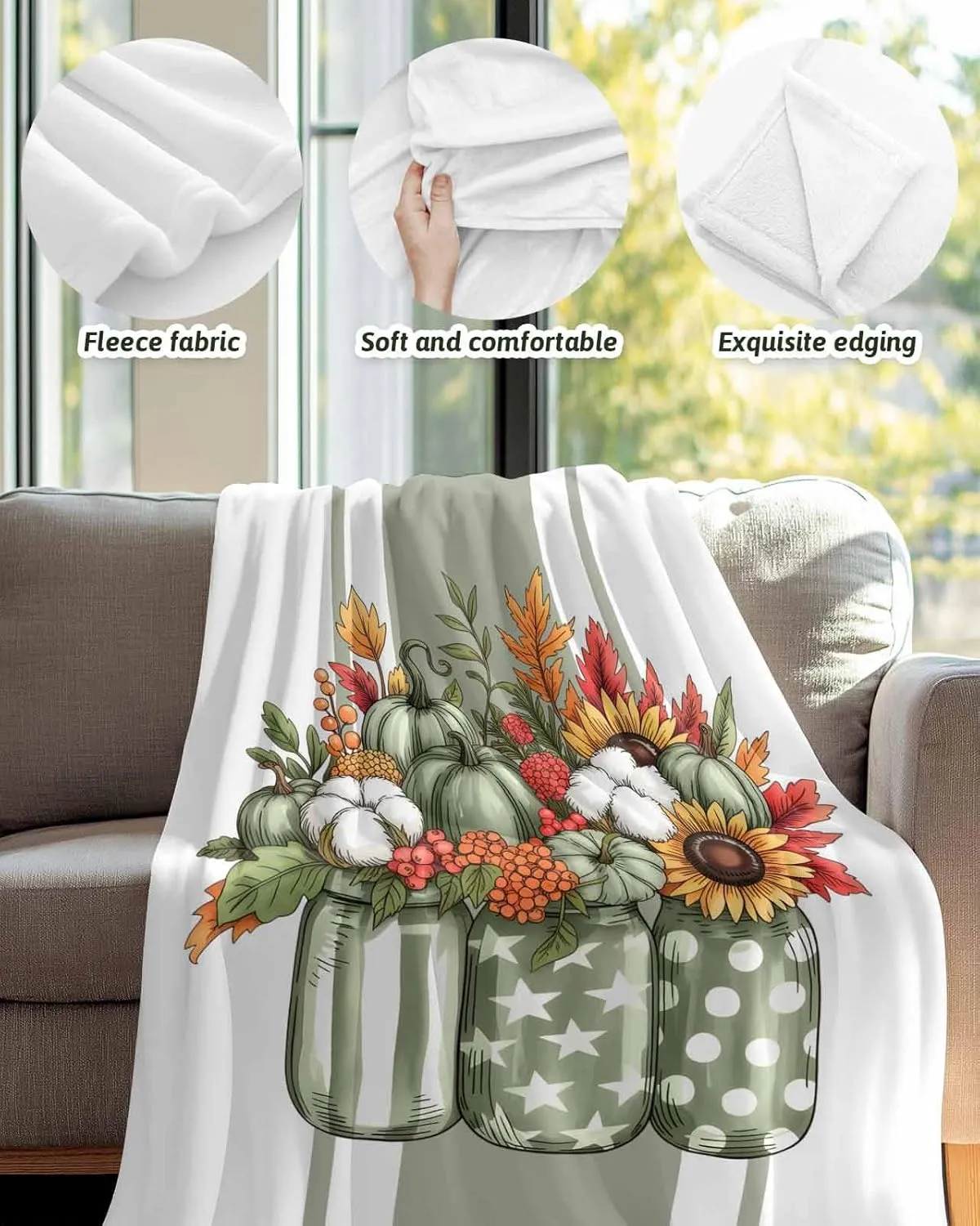 Fleece Flannel Blanket Vintage Sage Green Pumpkin Stripes Thin Soft Warm Cozy Bed Throw for Home Sofa Travel Camping Couch Picnic White Star Polka Dot Flowers 40x50IN
