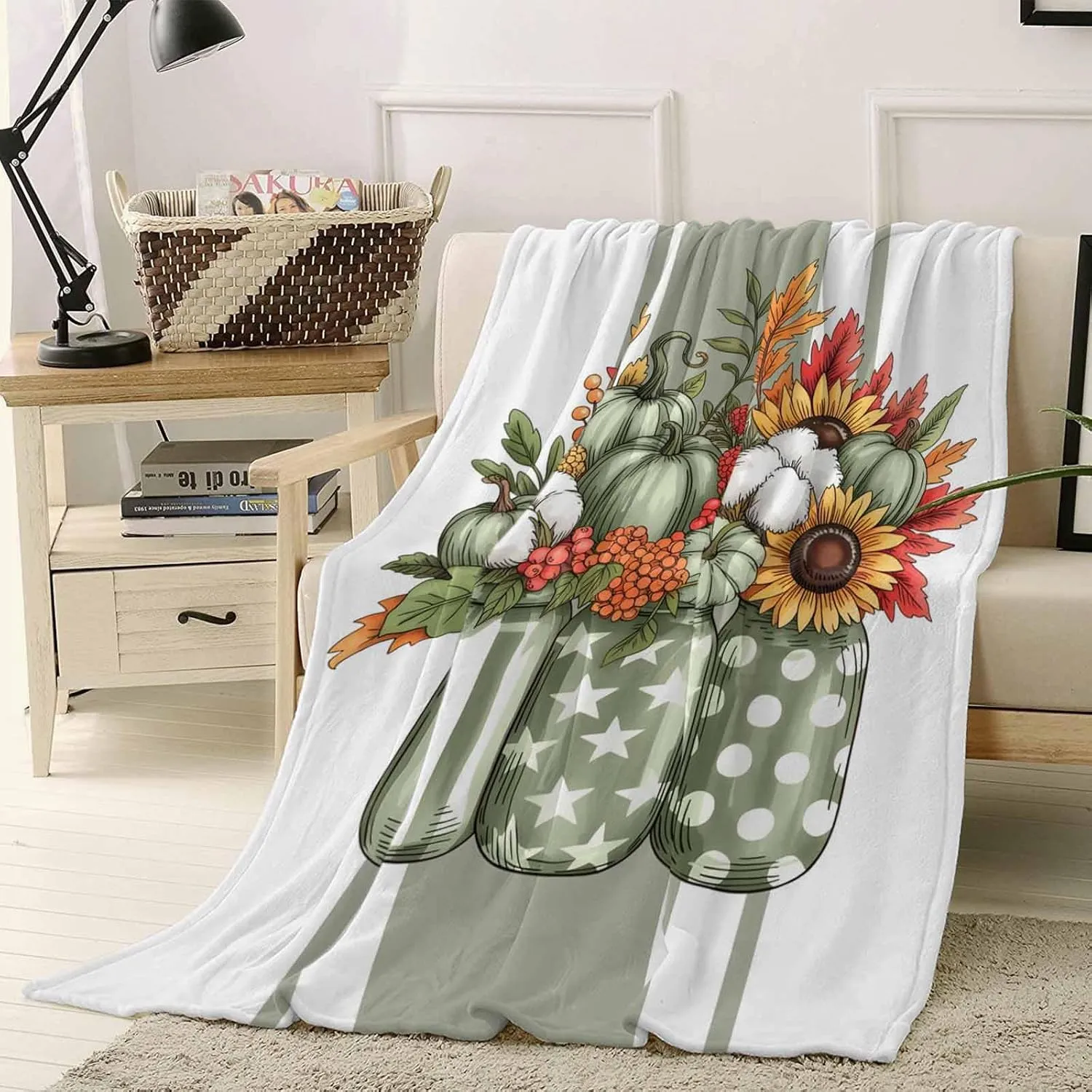 Fleece Flannel Blanket Vintage Sage Green Pumpkin Stripes Thin Soft Warm Cozy Bed Throw for Home Sofa Travel Camping Couch Picnic White Star Polka Dot Flowers 40x50IN