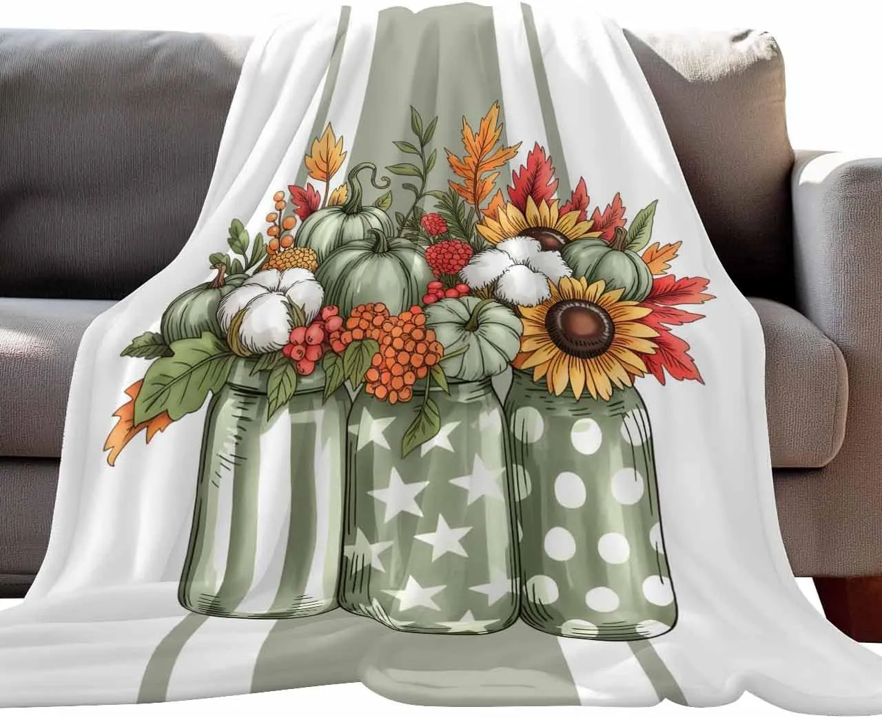 Fleece Flannel Blanket Vintage Sage Green Pumpkin Stripes Thin Soft Warm Cozy Bed Throw for Home Sofa Travel Camping Couch Picnic White Star Polka Dot Flowers 40x50IN