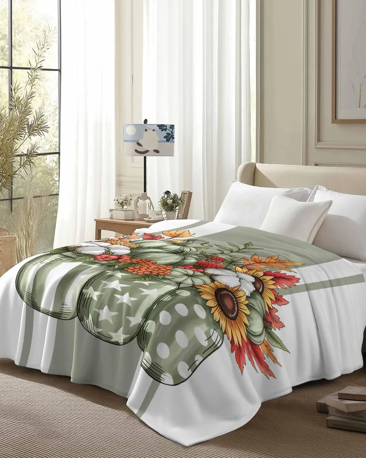 Fleece Flannel Blanket Vintage Sage Green Pumpkin Stripes Thin Soft Warm Cozy Bed Throw for Home Sofa Travel Camping Couch Picnic White Star Polka Dot Flowers 40x50IN