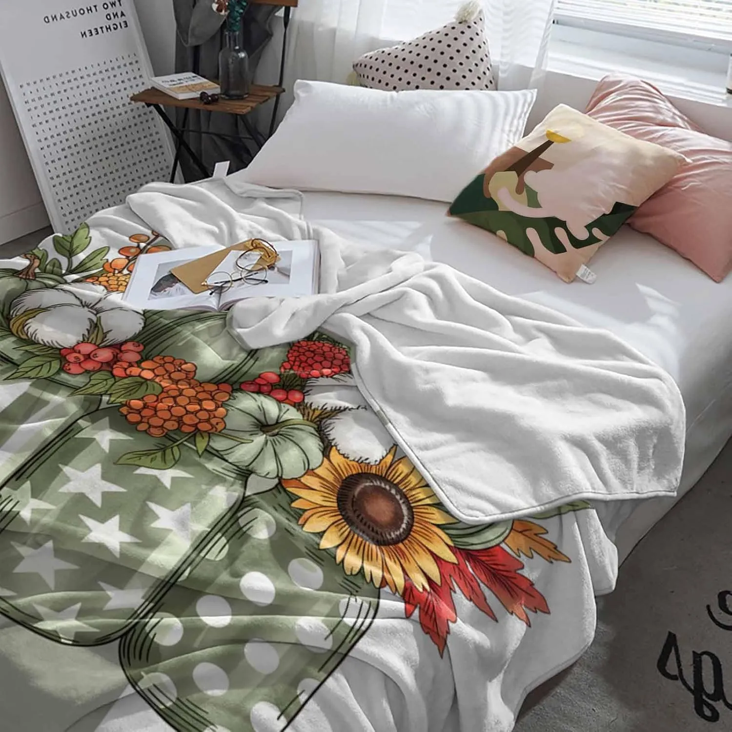 Fleece Flannel Blanket Vintage Sage Green Pumpkin Stripes Thin Soft Warm Cozy Bed Throw for Home Sofa Travel Camping Couch Picnic White Star Polka Dot Flowers 40x50IN