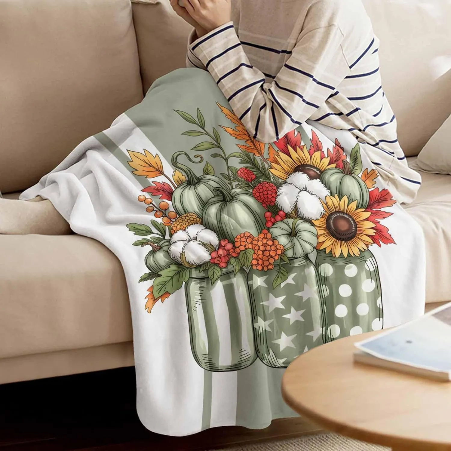 Fleece Flannel Blanket Vintage Sage Green Pumpkin Stripes Thin Soft Warm Cozy Bed Throw for Home Sofa Travel Camping Couch Picnic White Star Polka Dot Flowers 40x50IN