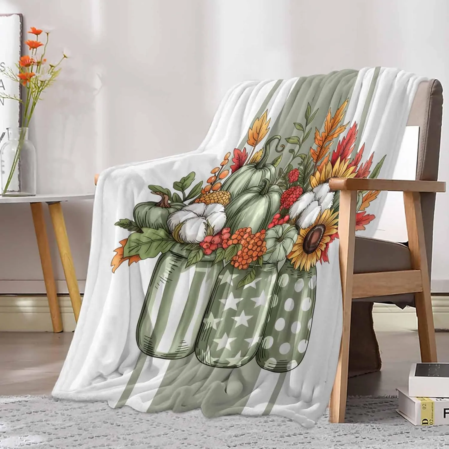 Fleece Flannel Blanket Vintage Sage Green Pumpkin Stripes Thin Soft Warm Cozy Bed Throw for Home Sofa Travel Camping Couch Picnic White Star Polka Dot Flowers 40x50IN