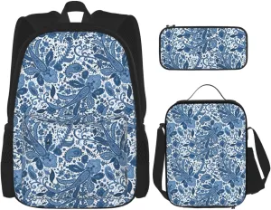 flowers Multifunctional Pocket Backpack Crossbody Lunch Bag Pencil Case 3Pcs Set Large Capacity Backpack