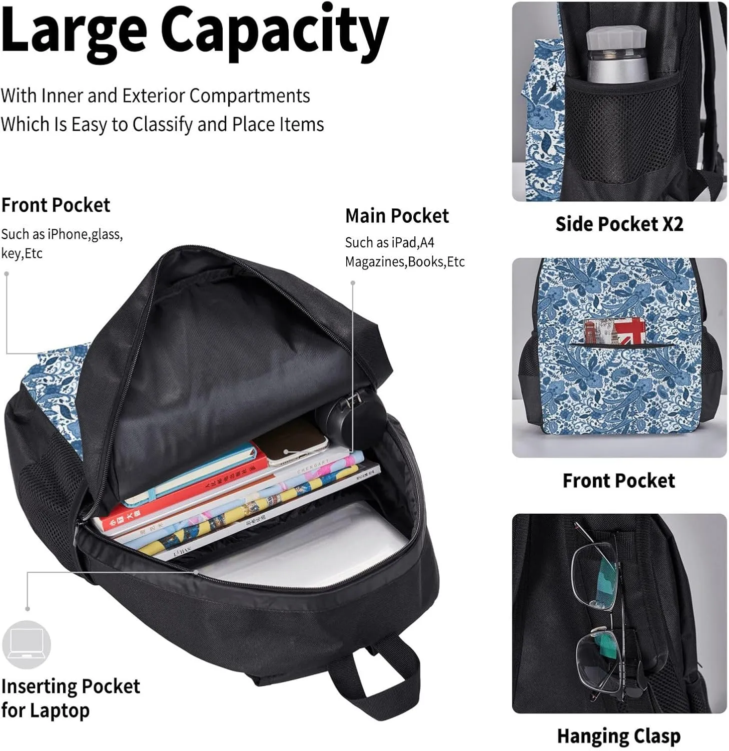 flowers Multifunctional Pocket Backpack Crossbody Lunch Bag Pencil Case 3Pcs Set Large Capacity Backpack