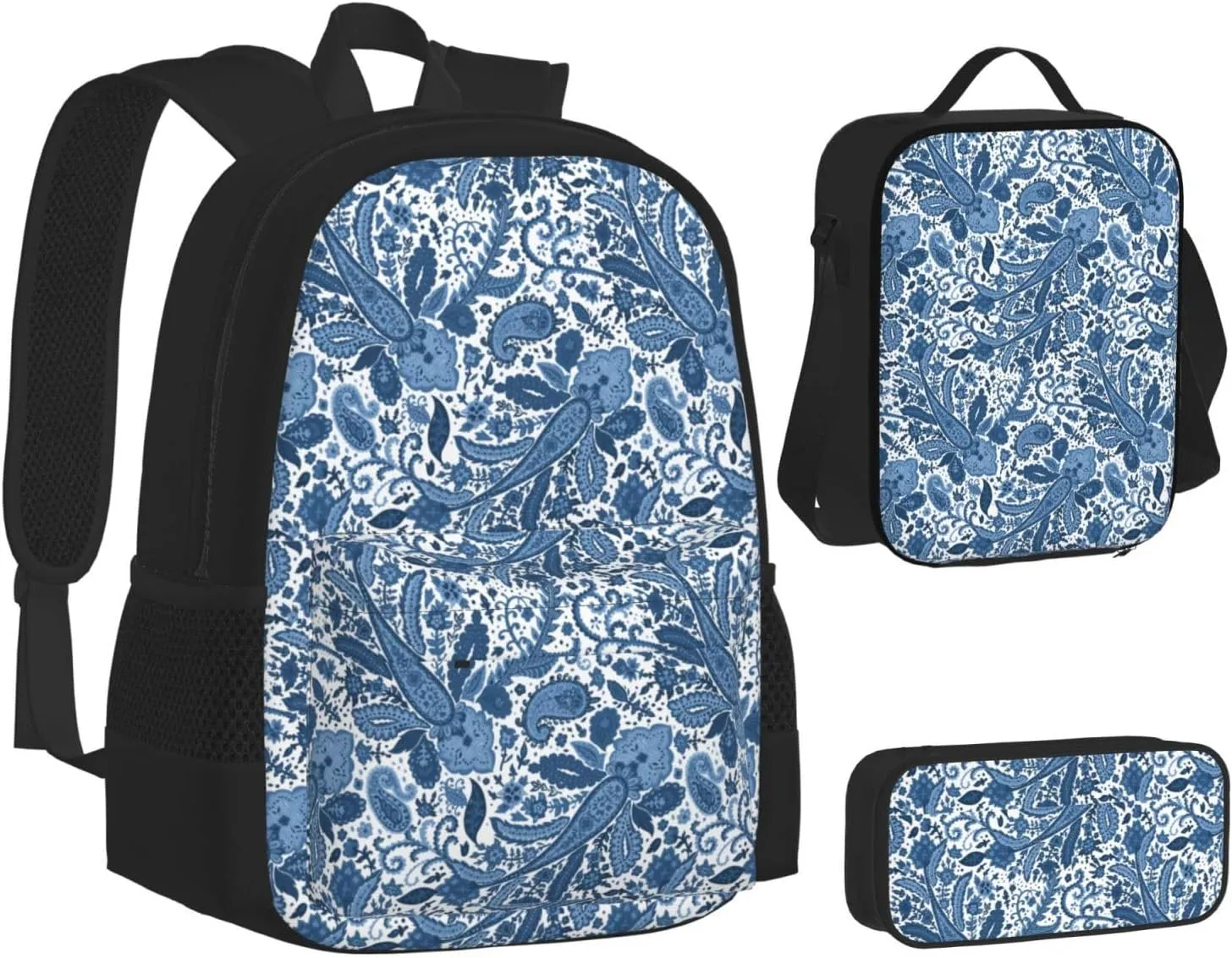 flowers Multifunctional Pocket Backpack Crossbody Lunch Bag Pencil Case 3Pcs Set Large Capacity Backpack