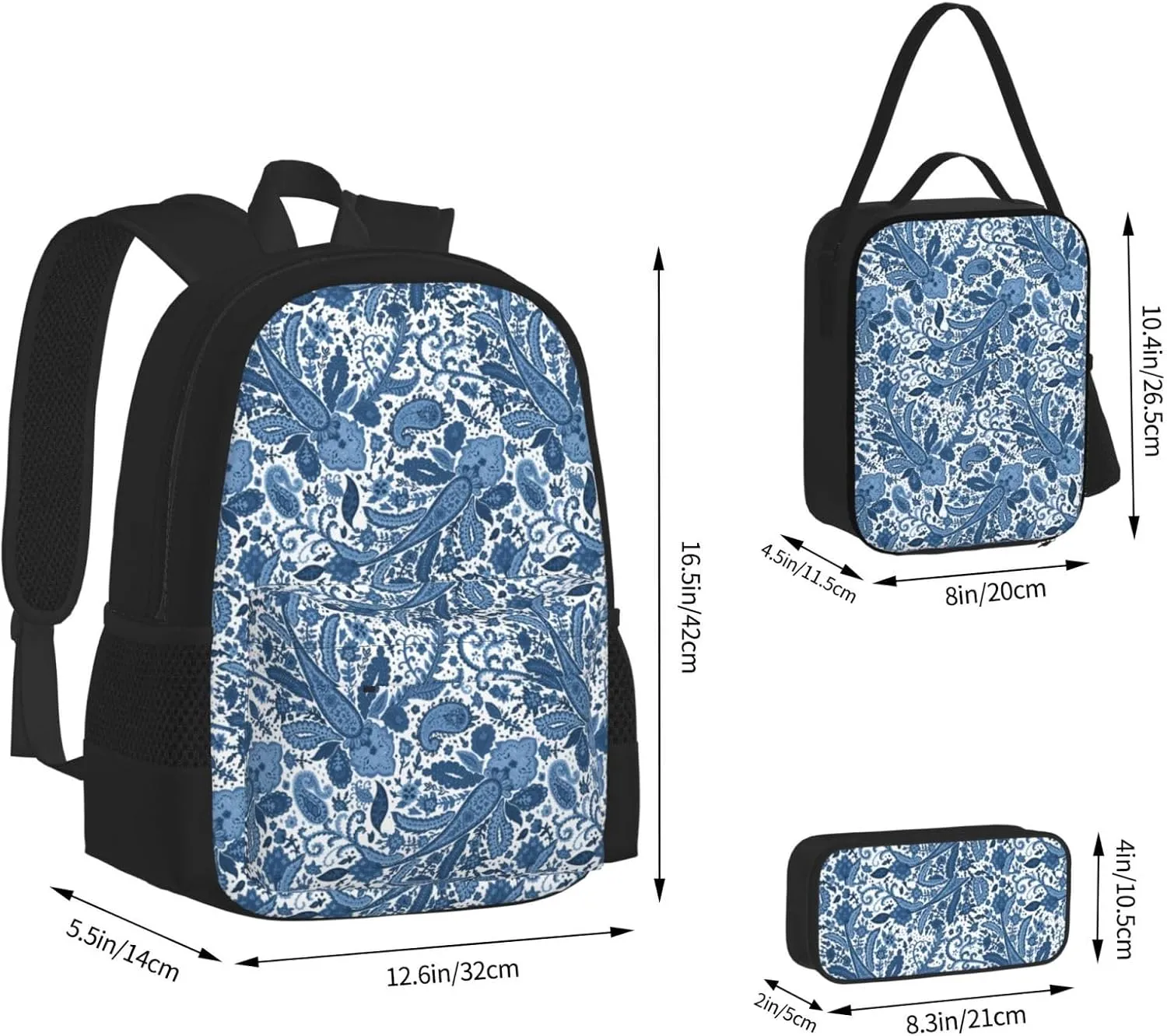 flowers Multifunctional Pocket Backpack Crossbody Lunch Bag Pencil Case 3Pcs Set Large Capacity Backpack