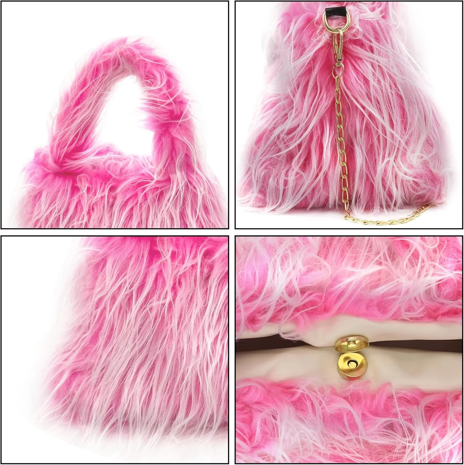 Fluffy Faux Fur Underarm Bag Fuzzy Shoulder Bag for Women Clutch Mini Plush Purse Cow Print Trendy Tote Handbag