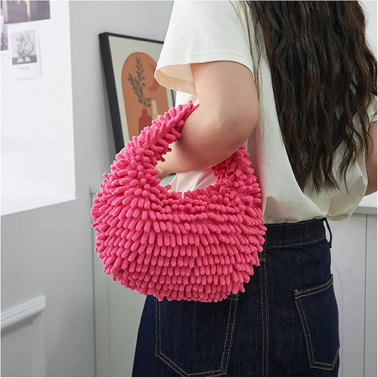 Fluffy Faux Fur Underarm Bag Fuzzy Shoulder Bag for Women Clutch Mini Plush Purse Cow Print Trendy Tote Handbag
