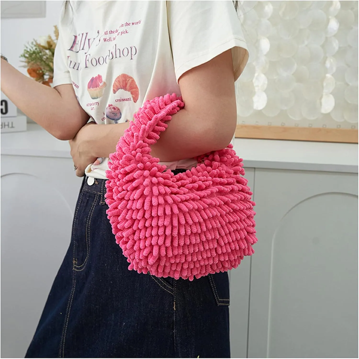 Fluffy Faux Fur Underarm Bag Fuzzy Shoulder Bag for Women Clutch Mini Plush Purse Cow Print Trendy Tote Handbag
