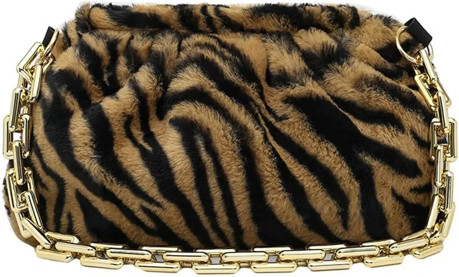 Fluffy Shoulder Handbags for Women Cute Cow Pattern Faux Fur Furry Hobo Bag Purse Plush Clutch Bag Winter Autumn