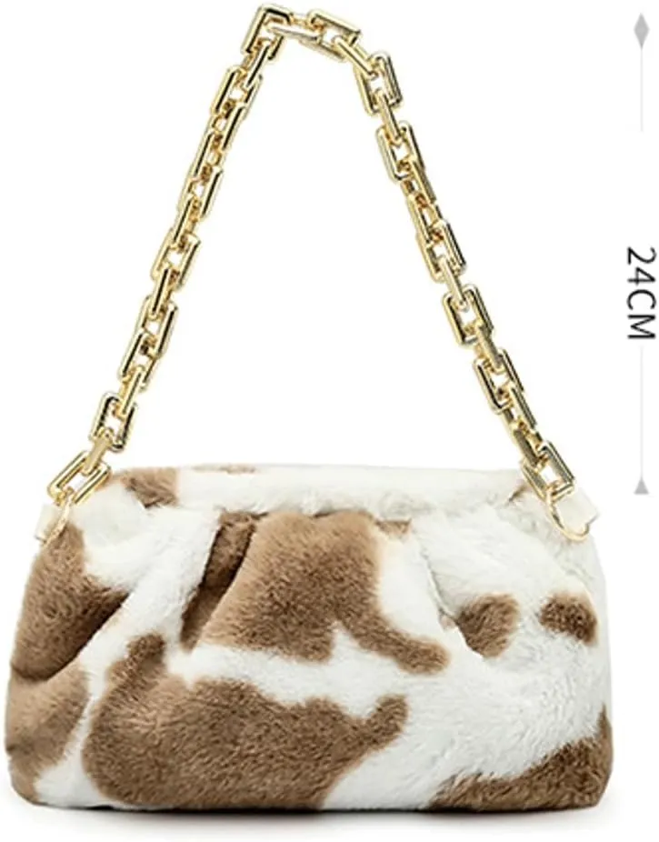 Fluffy Shoulder Handbags for Women Cute Cow Pattern Faux Fur Furry Hobo Bag Purse Plush Clutch Bag Winter Autumn