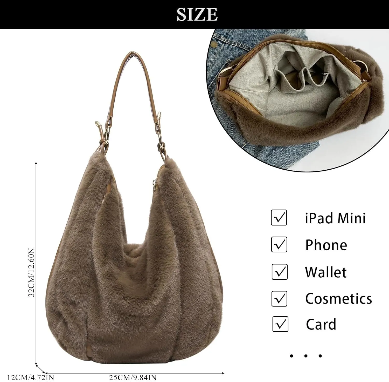 Fluffy Tote Bag, Winter Fuzzy Purses for Women Faux Fur Bag Soft Furry Shoulder Bag
