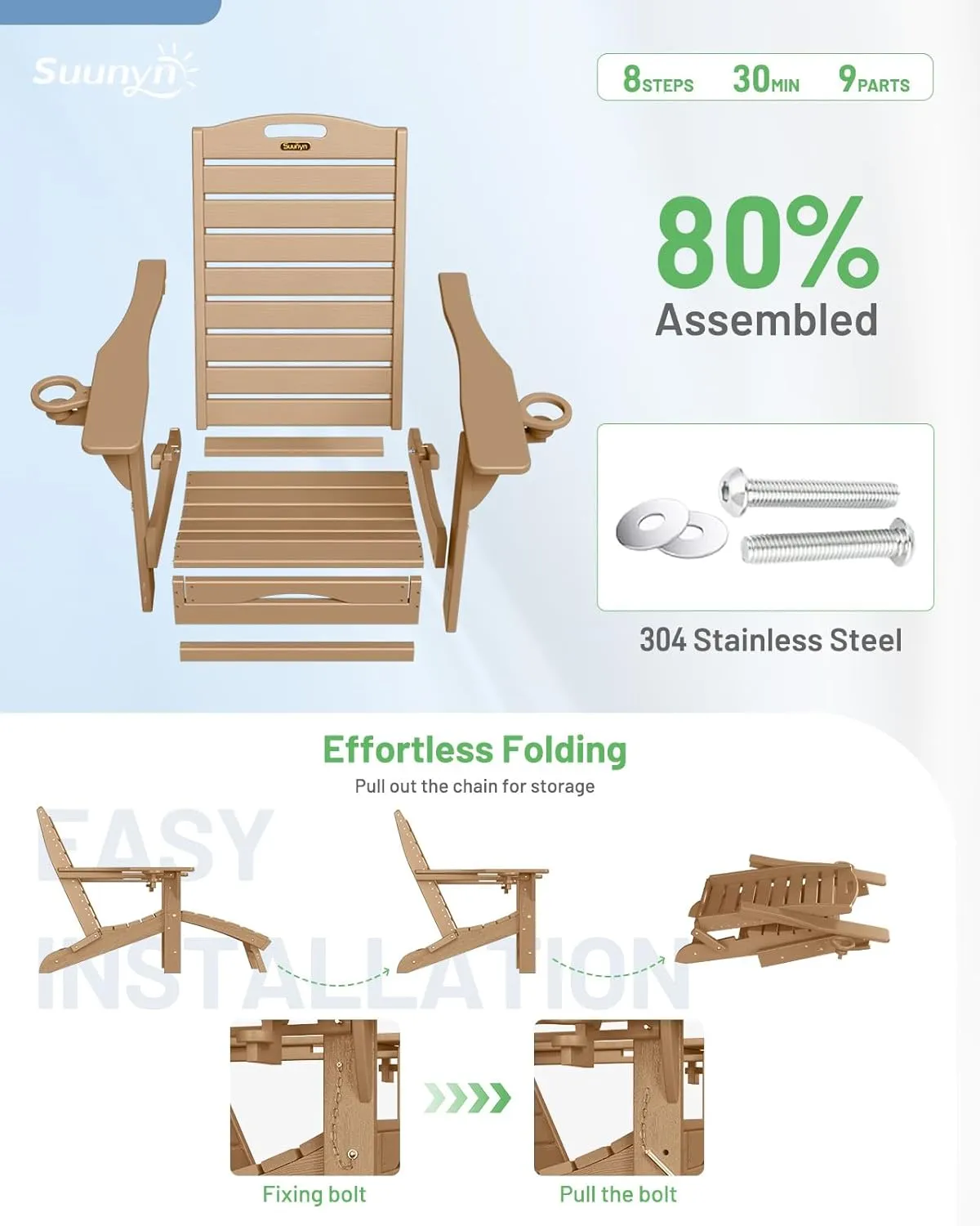 Folding Adirondack Chair with Retractable Ottoman Weather Resistant Fire Pit Chair Patio Chair with 2 Cup Holder Lawn Outdoor Lounge Chair (Teak)