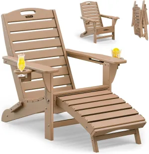 Folding Adirondack Chair with Retractable Ottoman Weather Resistant Fire Pit Chair Patio Chair with 2 Cup Holder Lawn Outdoor Lounge Chair (Teak)