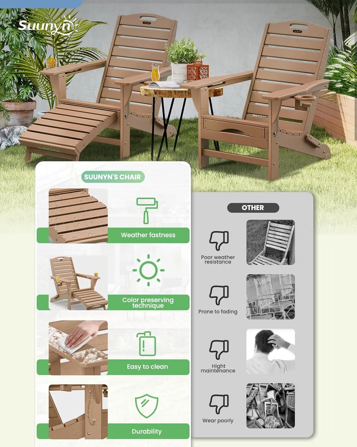 Folding Adirondack Chair with Retractable Ottoman Weather Resistant Fire Pit Chair Patio Chair with 2 Cup Holder Lawn Outdoor Lounge Chair (Teak)