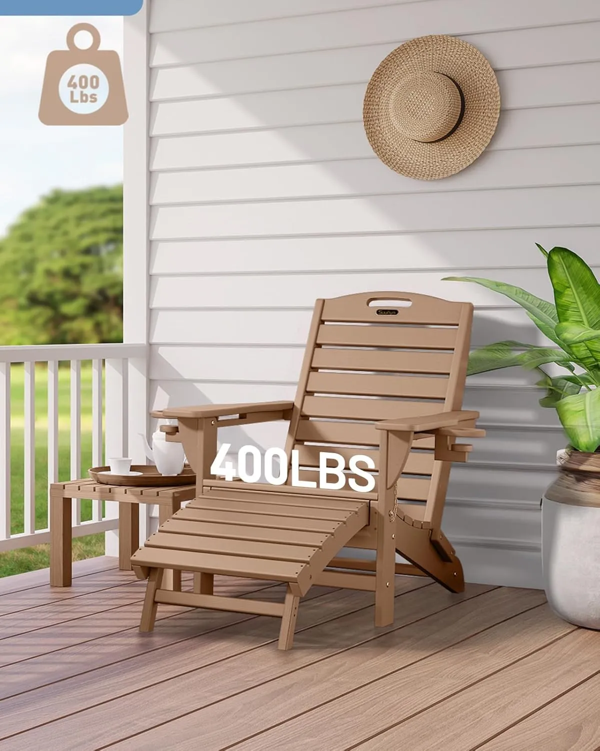 Folding Adirondack Chair with Retractable Ottoman Weather Resistant Fire Pit Chair Patio Chair with 2 Cup Holder Lawn Outdoor Lounge Chair (Teak)