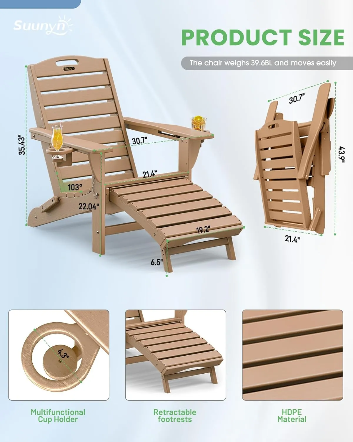 Folding Adirondack Chair with Retractable Ottoman Weather Resistant Fire Pit Chair Patio Chair with 2 Cup Holder Lawn Outdoor Lounge Chair (Teak)