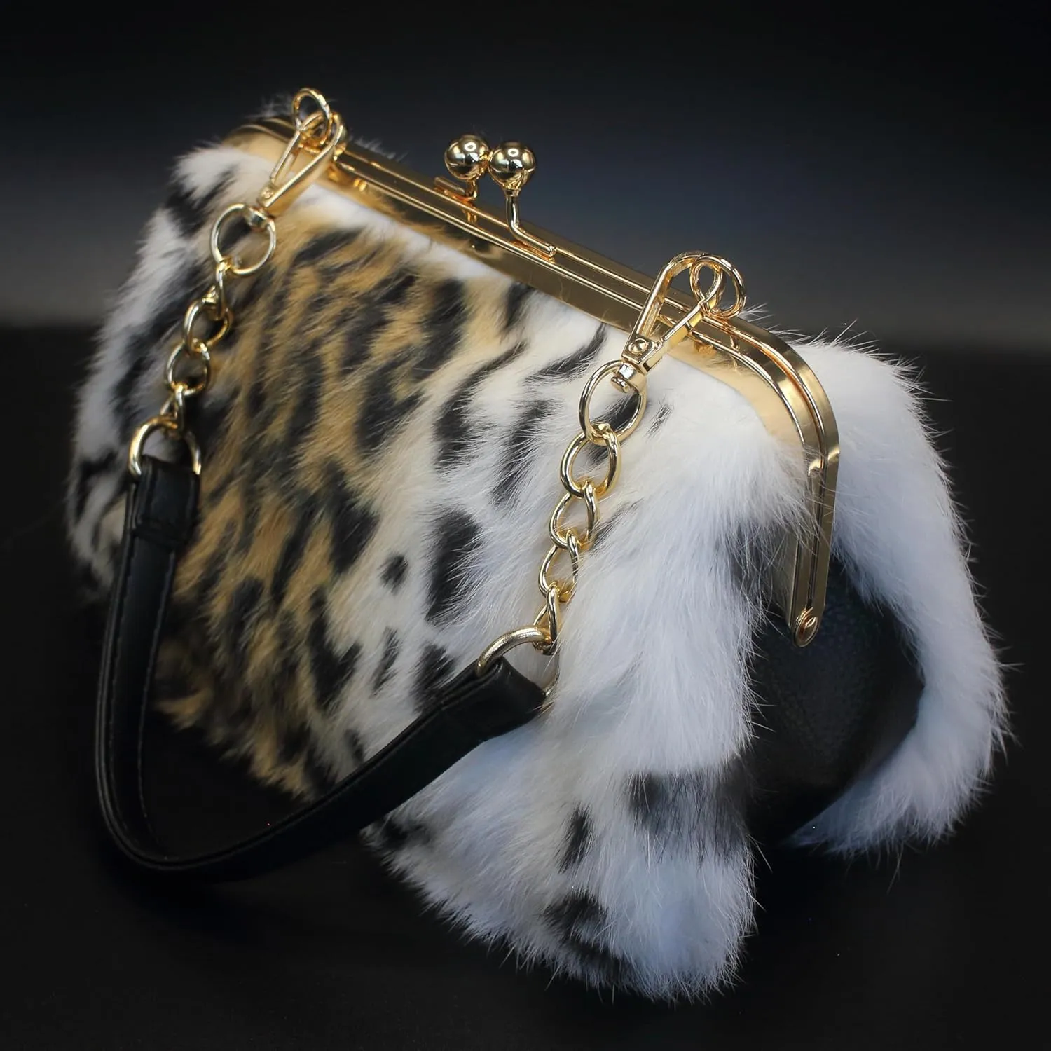 Fosrion Elegant Leopard Print Rex Rabbit Fur Handbag with Interchangeable Straps for Women, Versatile Clutch and Shoulder Bag