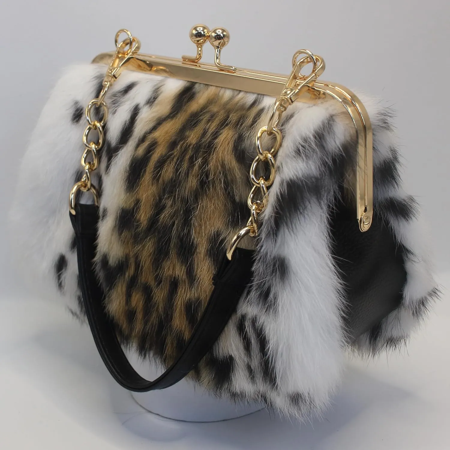 Fosrion Elegant Leopard Print Rex Rabbit Fur Handbag with Interchangeable Straps for Women, Versatile Clutch and Shoulder Bag