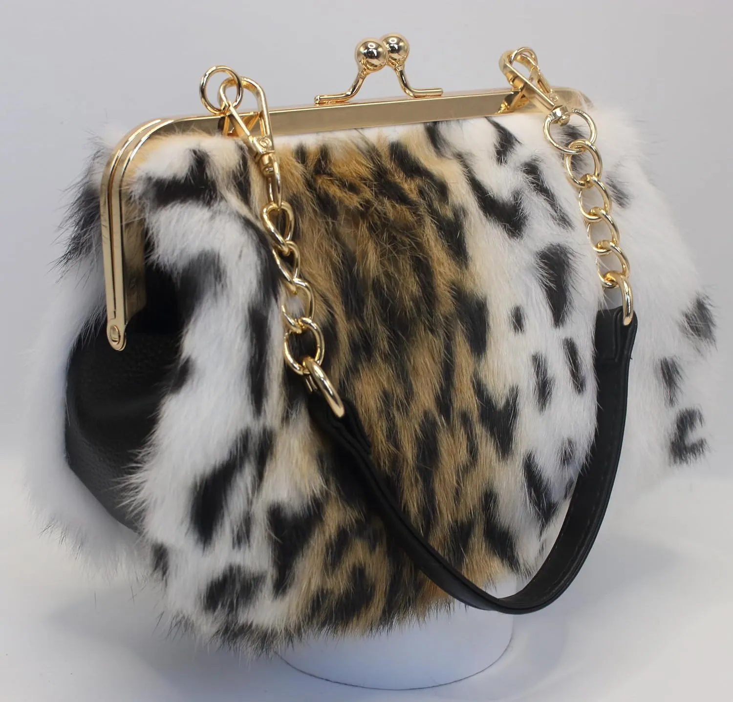 Fosrion Elegant Leopard Print Rex Rabbit Fur Handbag with Interchangeable Straps for Women, Versatile Clutch and Shoulder Bag