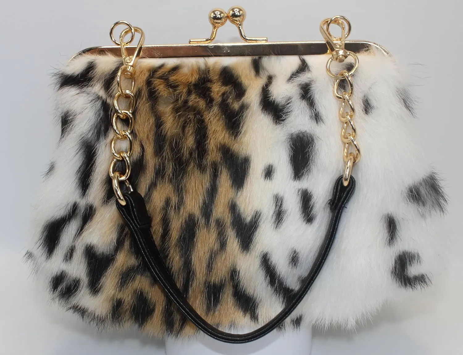 Fosrion Elegant Leopard Print Rex Rabbit Fur Handbag with Interchangeable Straps for Women, Versatile Clutch and Shoulder Bag