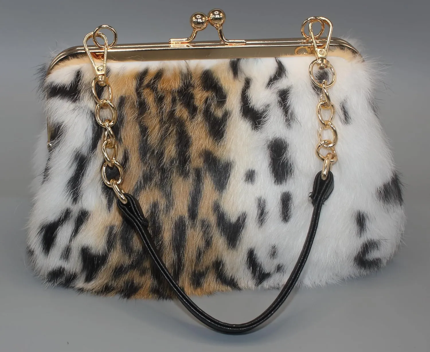 Fosrion Elegant Leopard Print Rex Rabbit Fur Handbag with Interchangeable Straps for Women, Versatile Clutch and Shoulder Bag