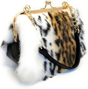 Fosrion Elegant Leopard Print Rex Rabbit Fur Handbag with Interchangeable Straps for Women, Versatile Clutch and Shoulder Bag