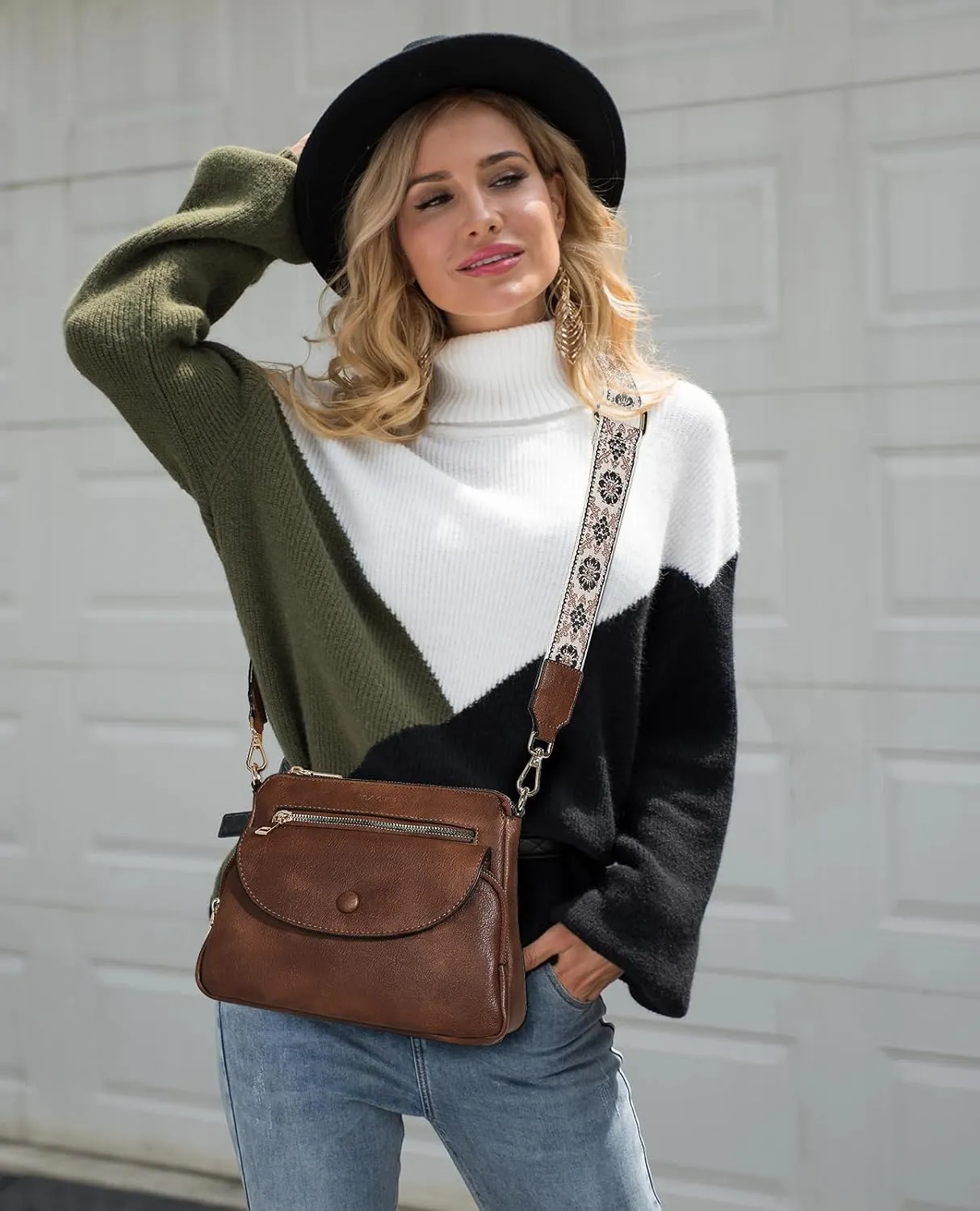 FOXLOVER Crossbody Bags for Women Triple Zip Trendy Vegan Leather Shoulder Purses with Colored Shoulder Strap