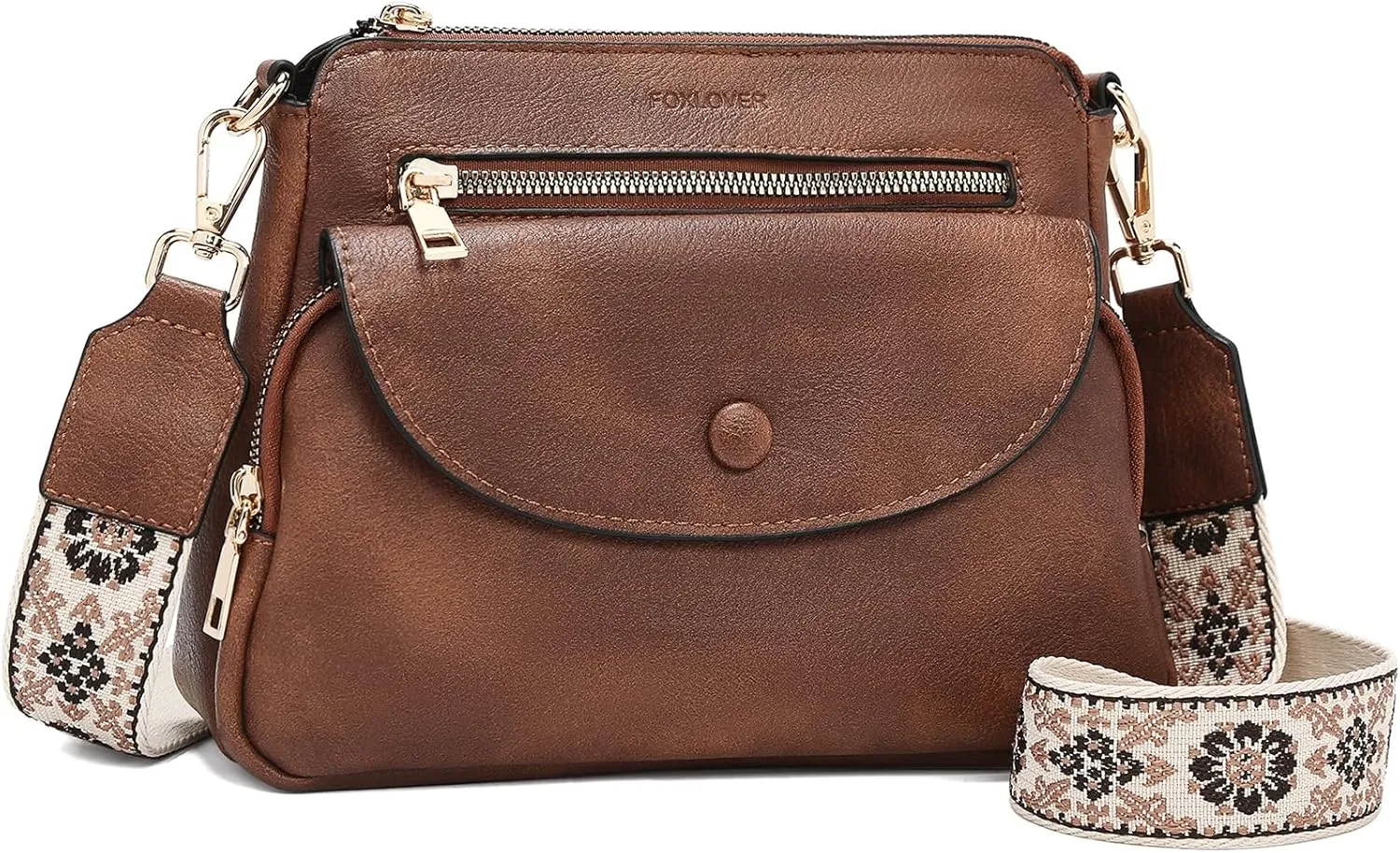 FOXLOVER Crossbody Bags for Women Triple Zip Trendy Vegan Leather Shoulder Purses with Colored Shoulder Strap