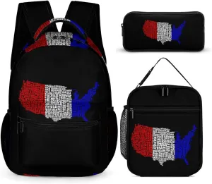 France Flag with U.S.A Map Unisex 3 Pcs Backpack Combination Set 16 In Daypack Insulated Lunch Bag Portable Pencil Case