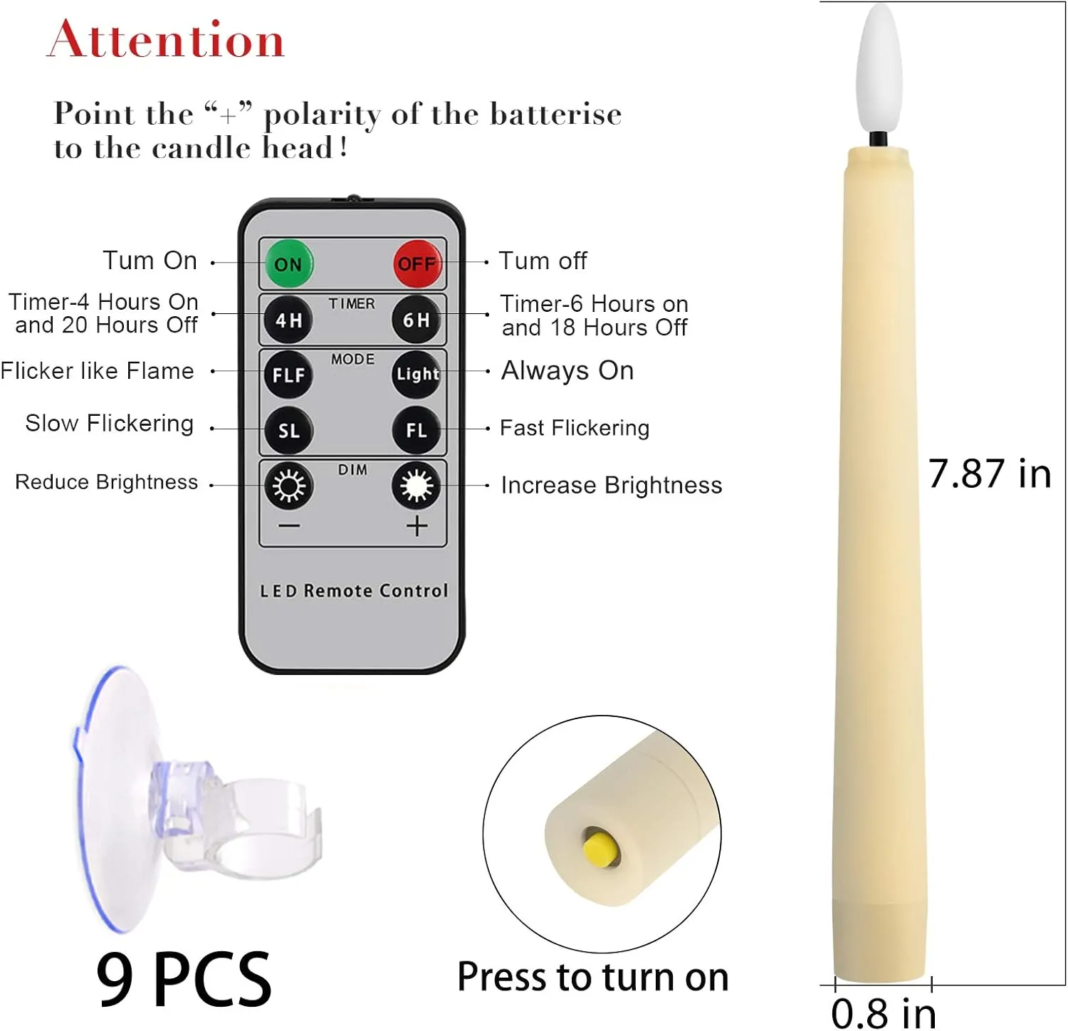 FREEPOWER 9 PCS Flameless Taper Candles Battery Operated, Realistic Flickering Window Candles with Daily Timer, Remote & Suction Cups Included,for Christmas Home Wedding Decor (Ivory)