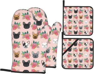 French Bulldog and Flowers Print Convenient Oven Mitts Pot Holders Set Duty Heat Resistant Gloves with Quilted Liner