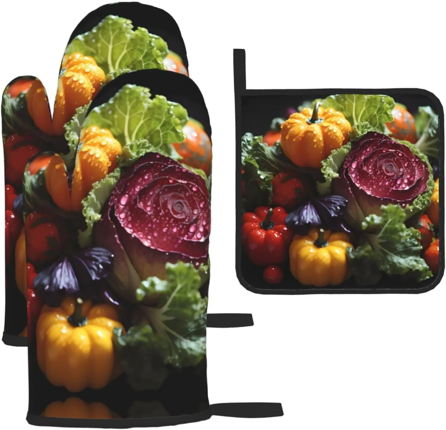 Fresh Cabbage 3-Piece Oven Mitts Pot Holders Set â€“ Kitchen Potholder â€“ Scald-Proof Gloves for Cooking, Baking, BBQ
