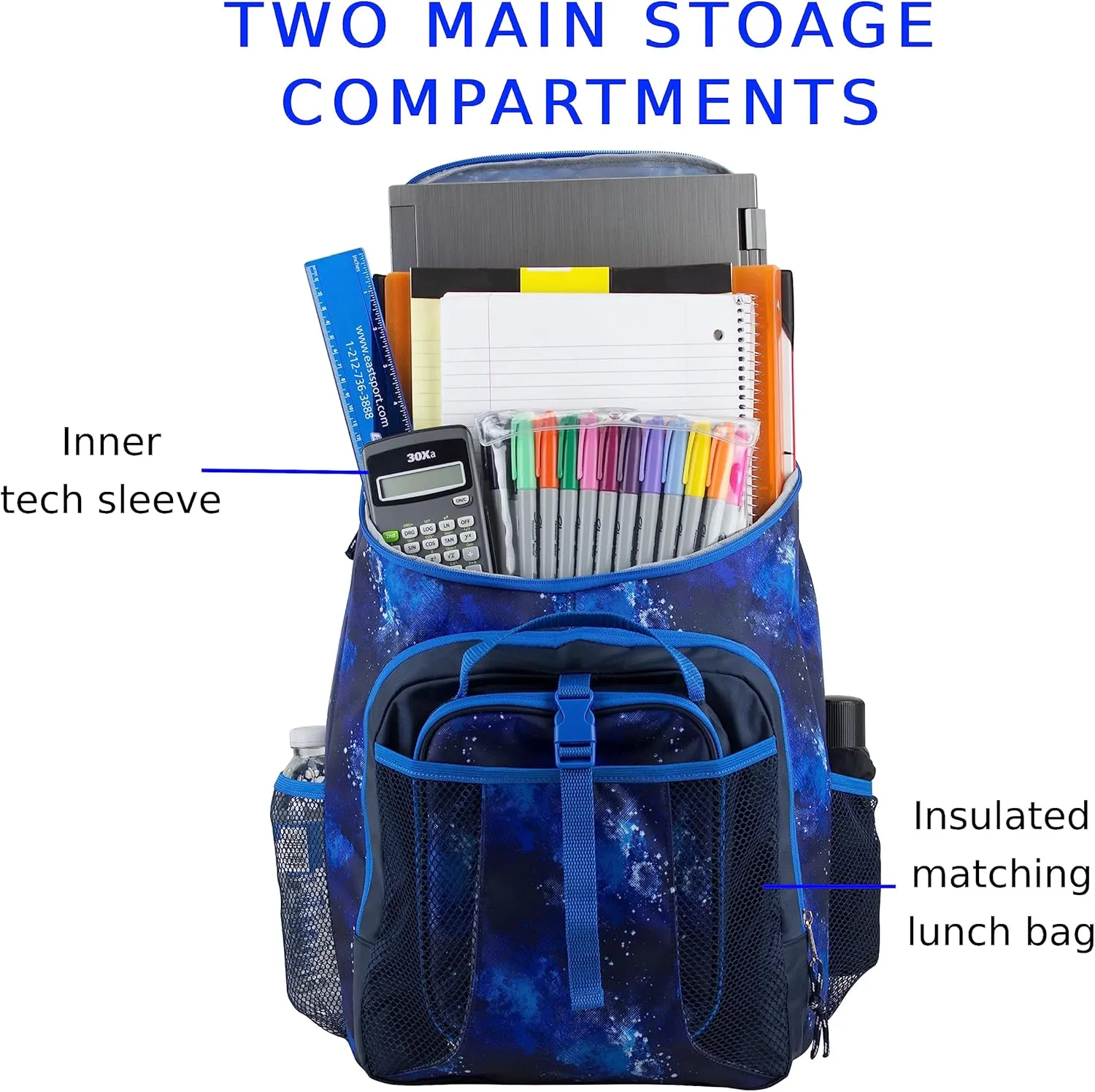 FUEL Lunch Backpack Set Teens Student Water Resistant Bookbag Bag Soft Reusable Insulated Cooler Lunch Box Thermal Travel Office Lunch Bag, Blue Galaxy