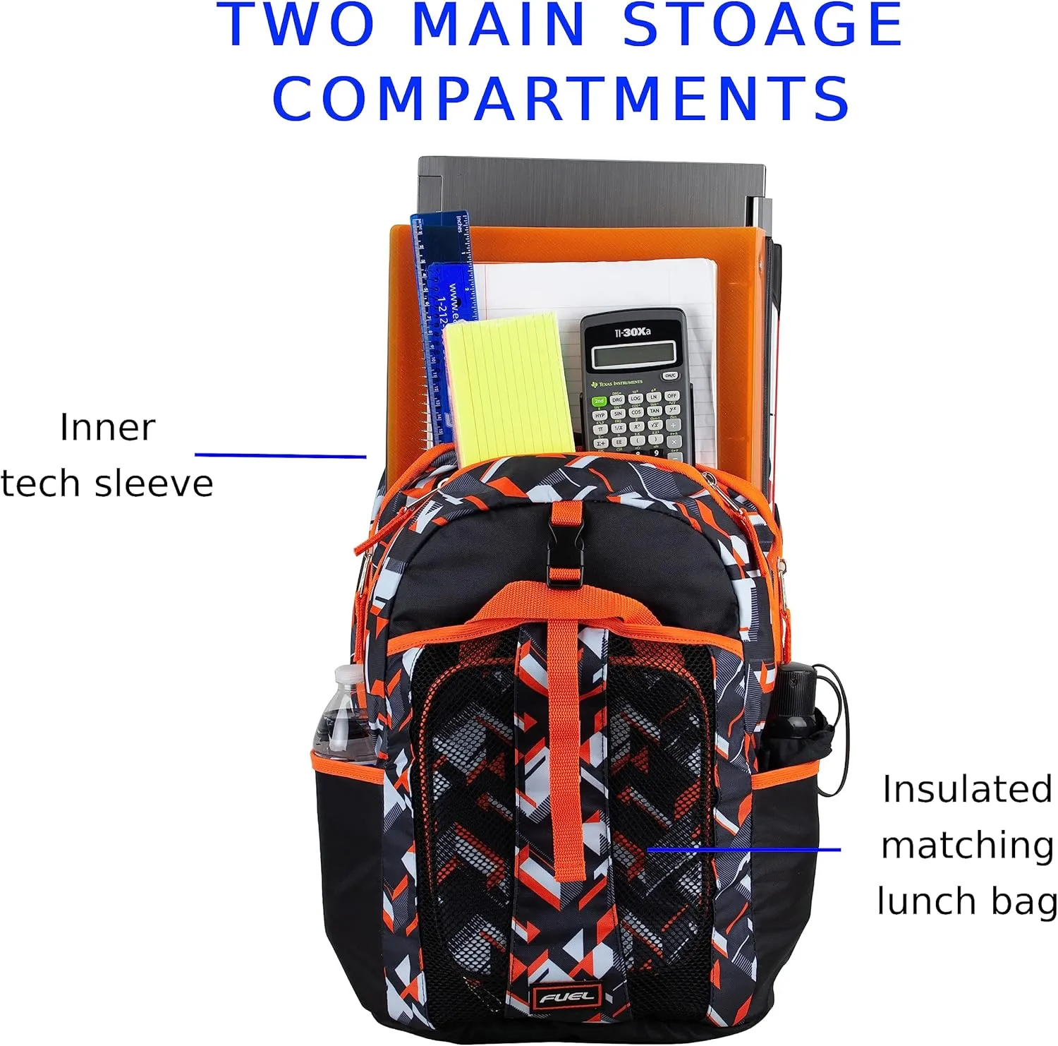 FUEL Lunch Backpack Set Teens Student Water Resistant Bookbag Bag Soft Reusable Insulated Cooler Lunch Box Thermal Travel Office Lunch Bag, Orange Tech