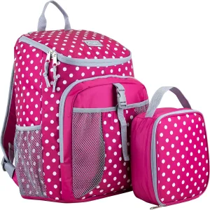 FUEL Lunch Backpack Set Water Resistant Bookbag Bag Soft Reusable Insulated Cooler Lunch Box Thermal Travel Office Lunch Bag, Pink Polka Dots