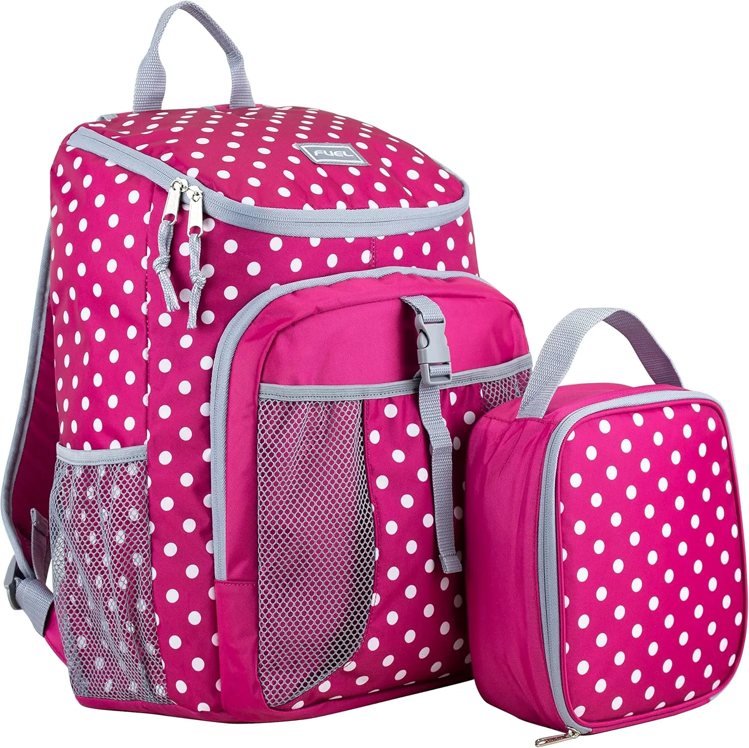 FUEL Lunch Backpack Set Water Resistant Bookbag Bag Soft Reusable Insulated Cooler Lunch Box Thermal Travel Office Lunch Bag, Pink Polka Dots
