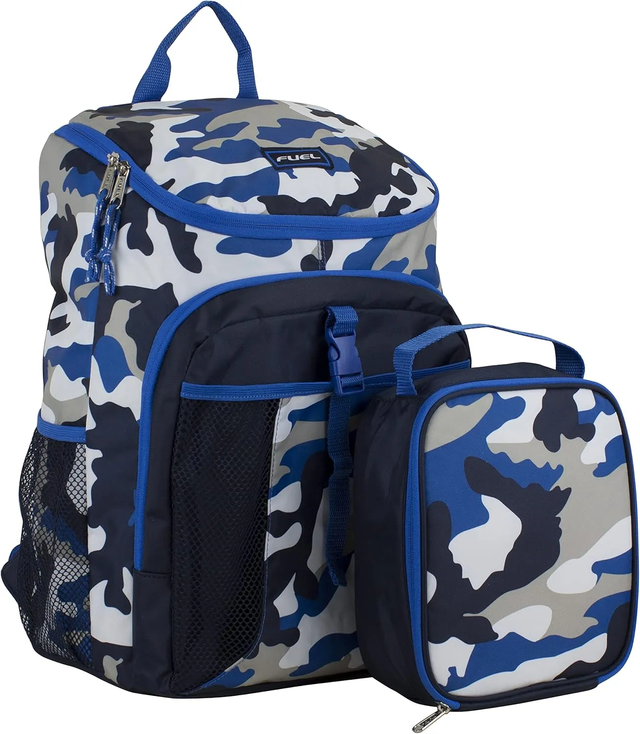 Fuel Top Loader Backpack with Lunch Box Combo – 18” Two Compartment Water Resistant Durable Adjustable Straps Side Bottle Pockets 2 in 1 Set Blue Camo Army Camo