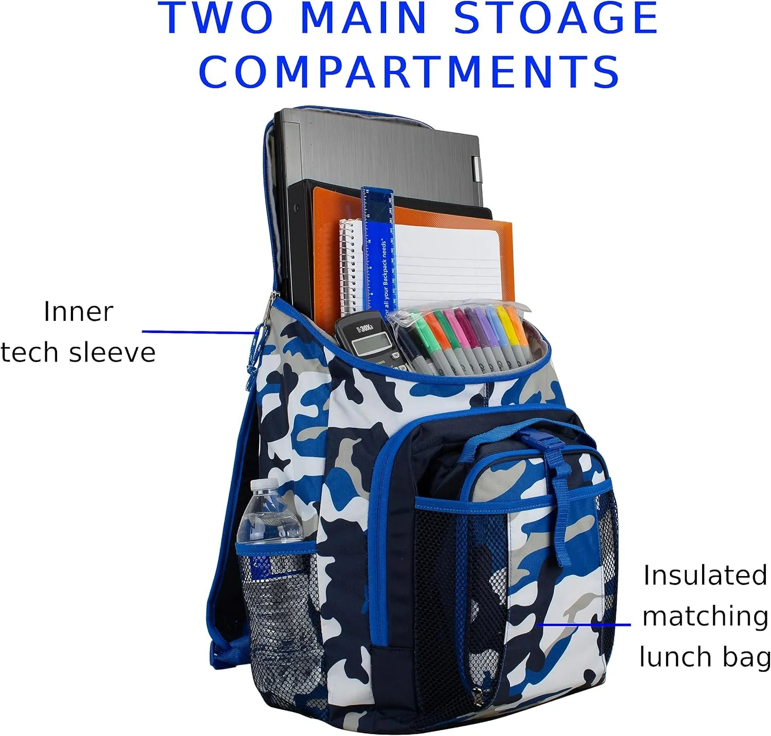 Fuel Top Loader Backpack with Lunch Box Combo – 18” Two Compartment Water Resistant Durable Adjustable Straps Side Bottle Pockets 2 in 1 Set Blue Camo Army Camo