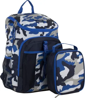 Fuel Top Loader Backpack with Lunch Box Combo – 18” Two Compartment Water Resistant Durable Adjustable Straps Side Bottle Pockets 2 in 1 Set Blue Camo Army Camo