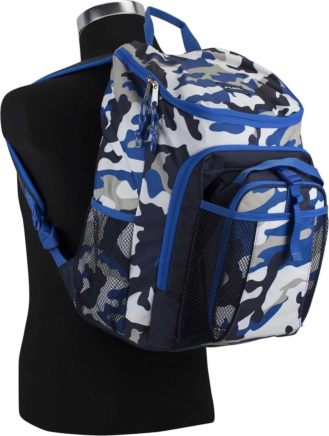 Fuel Top Loader Backpack with Lunch Box Combo – 18” Two Compartment Water Resistant Durable Adjustable Straps Side Bottle Pockets 2 in 1 Set Blue Camo Army Camo