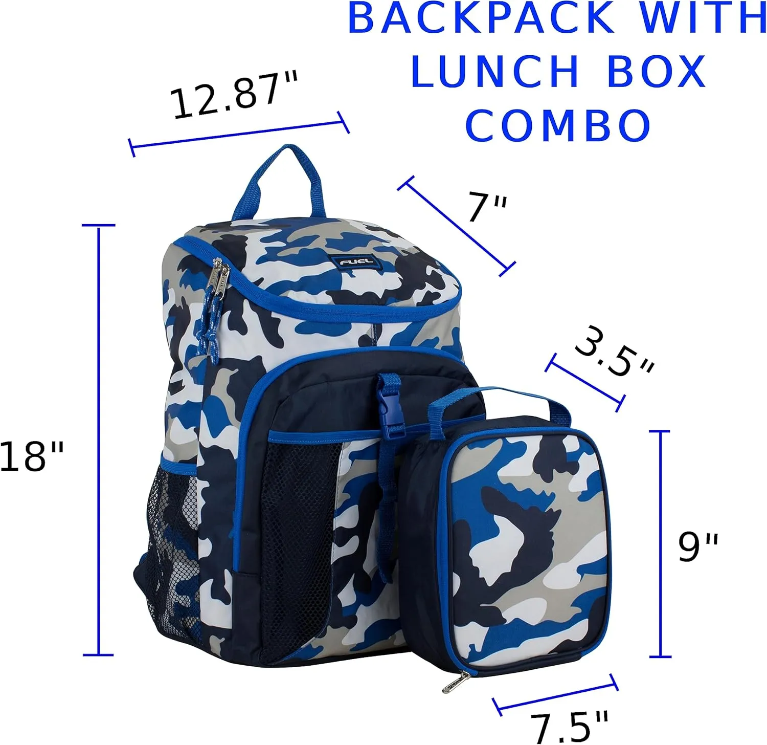 Fuel Top Loader Backpack with Lunch Box Combo – 18” Two Compartment Water Resistant Durable Adjustable Straps Side Bottle Pockets 2 in 1 Set Blue Camo Army Camo