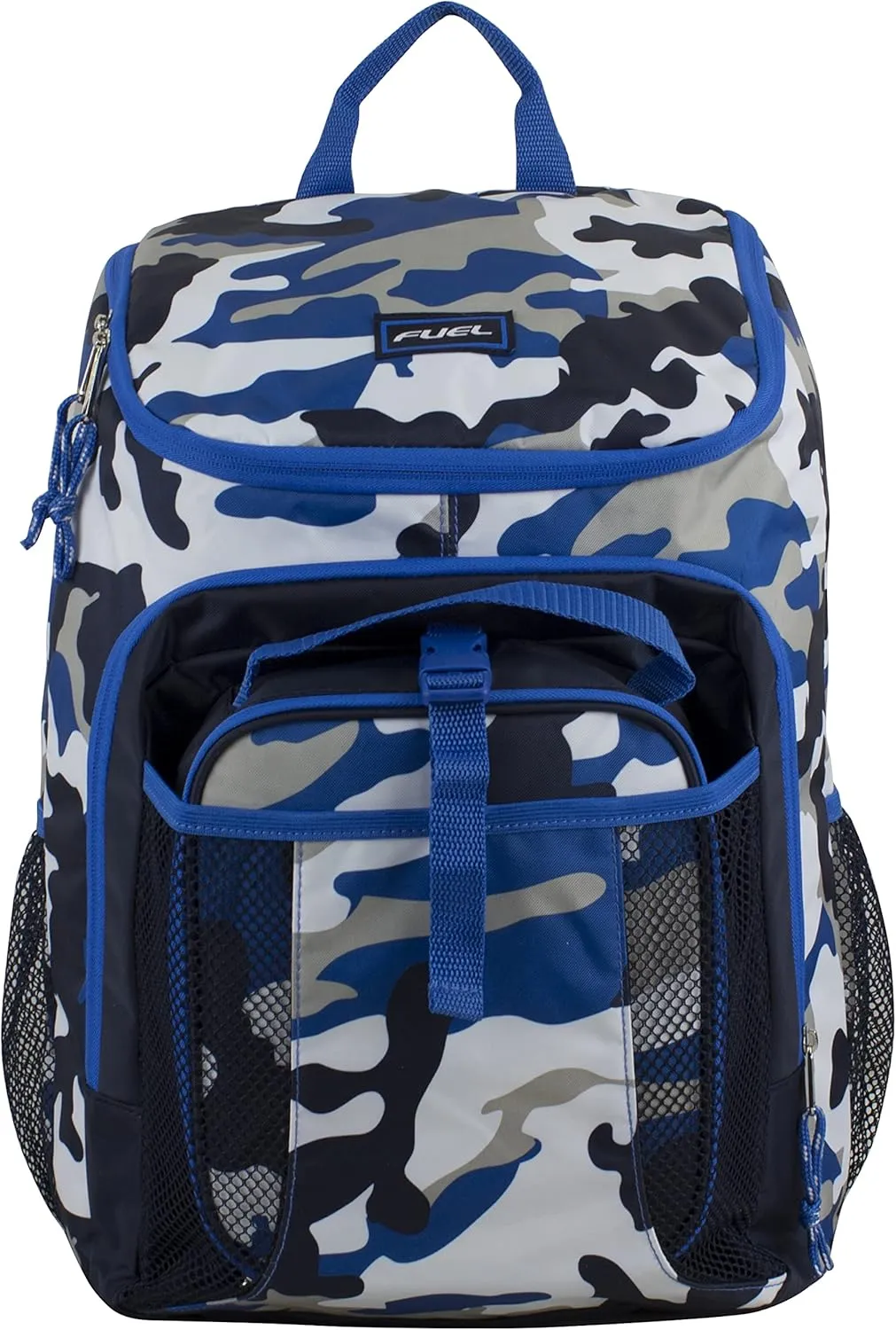 Fuel Top Loader Backpack with Lunch Box Combo – 18” Two Compartment Water Resistant Durable Adjustable Straps Side Bottle Pockets 2 in 1 Set Blue Camo Army Camo