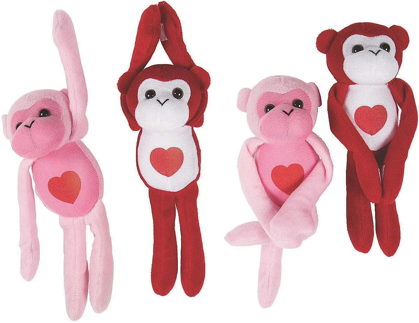 Fun Express Valentine Long Arm Short Hair Stuffed Gorillas 12 Pieces, Great for Valentine's Day Decor, Parties and Favors