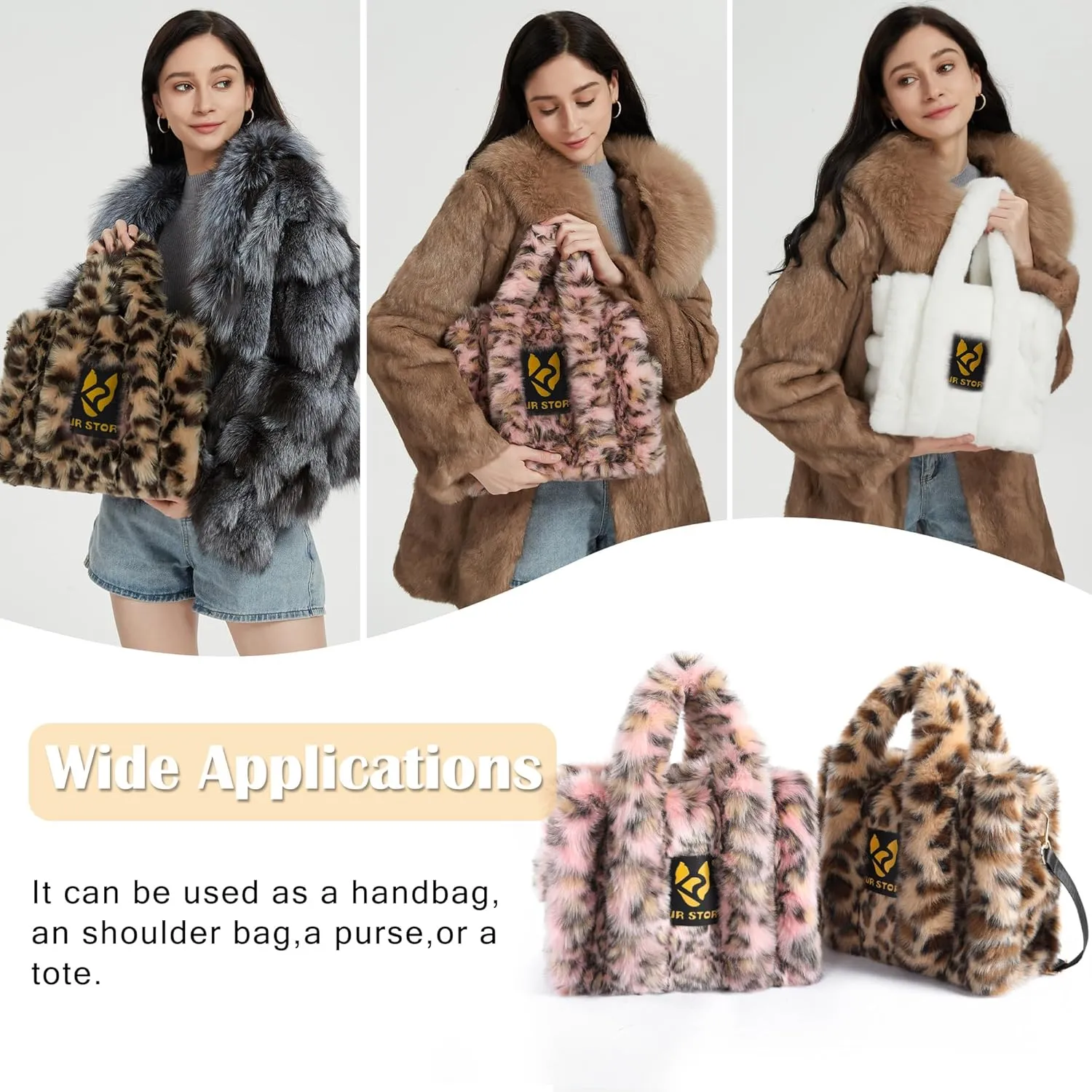Fur Story Tote Bag Faux Fur Purses for Women Plush Handbag Fuzzy Shoulder Bag Big Capacity Black Purse for women’s Girls