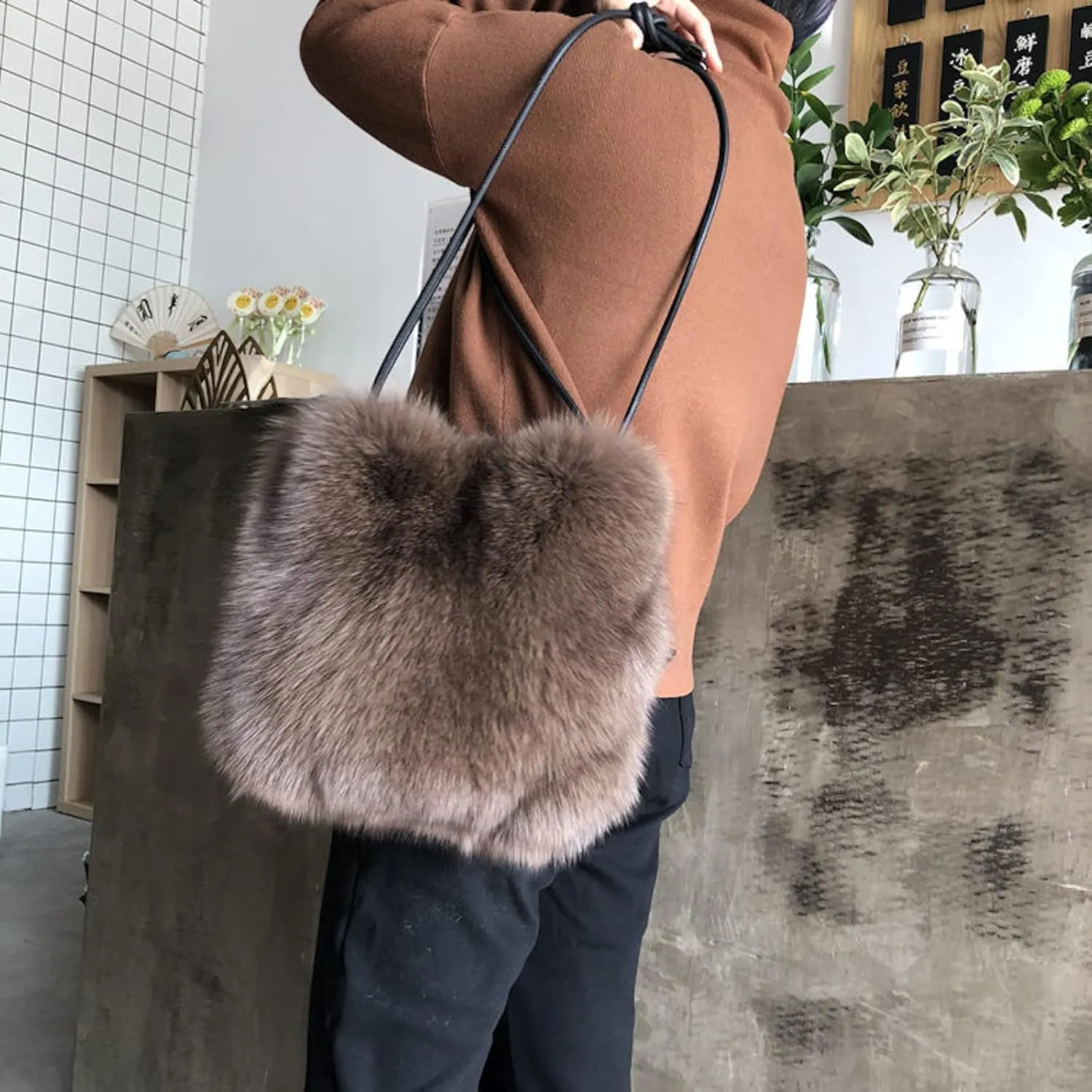 FURINFASHION WSP2 Big Fluffy Fur Bag For Women With Long Exchangeable Strap Real Fox Fur Handbag One Shoulder Square Bags Qualited Furry Big Tote Bag Hairy Purse Clutch (Brown)