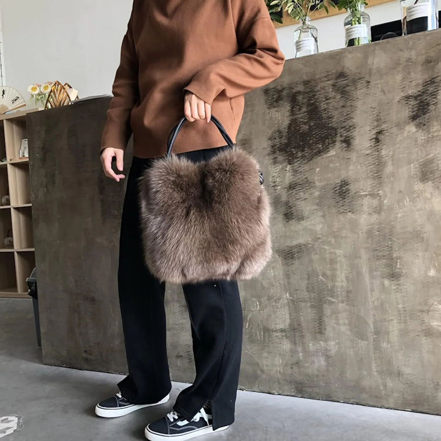 FURINFASHION WSP2 Big Fluffy Fur Bag For Women With Long Exchangeable Strap Real Fox Fur Handbag One Shoulder Square Bags Qualited Furry Big Tote Bag Hairy Purse Clutch (Brown)