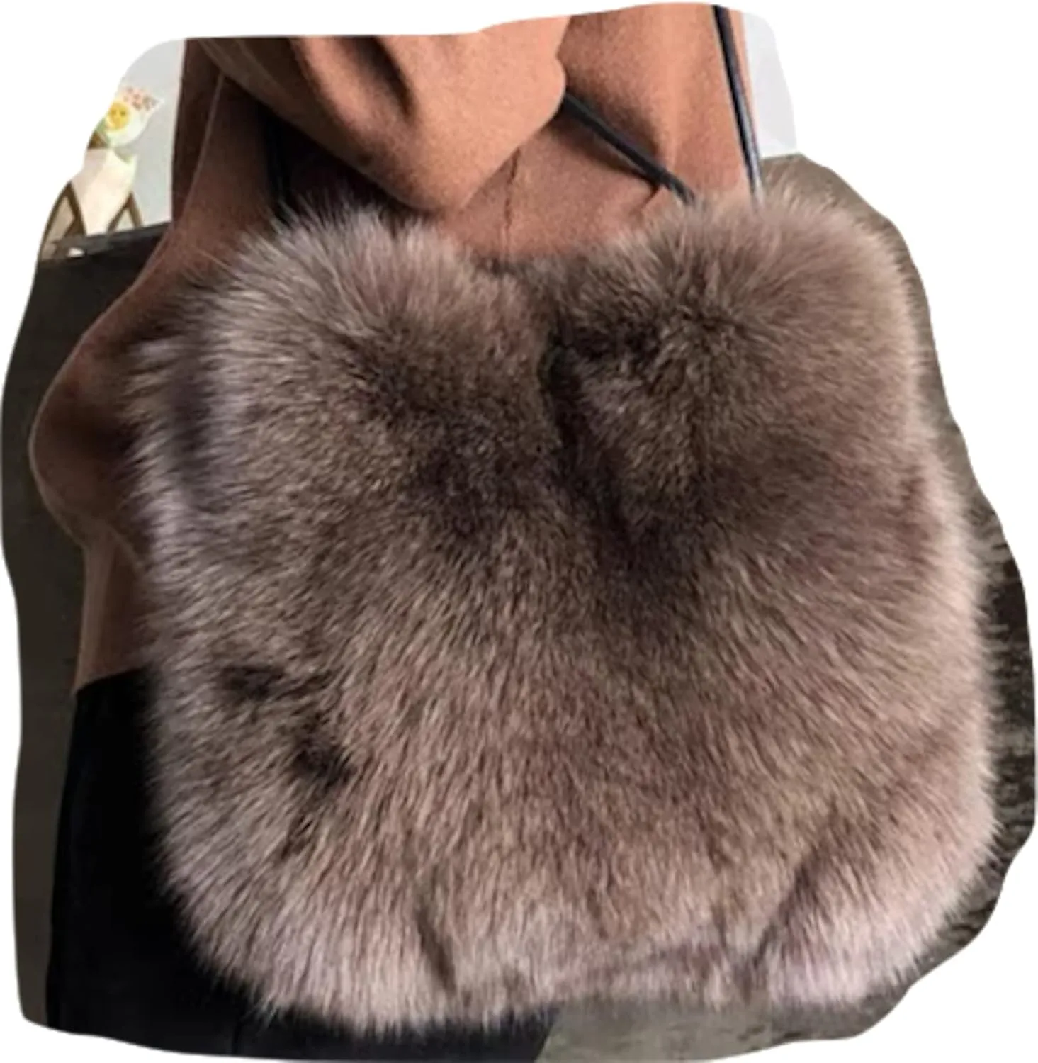 FURINFASHION WSP2 Big Fluffy Fur Bag For Women With Long Exchangeable Strap Real Fox Fur Handbag One Shoulder Square Bags Qualited Furry Big Tote Bag Hairy Purse Clutch (Brown)